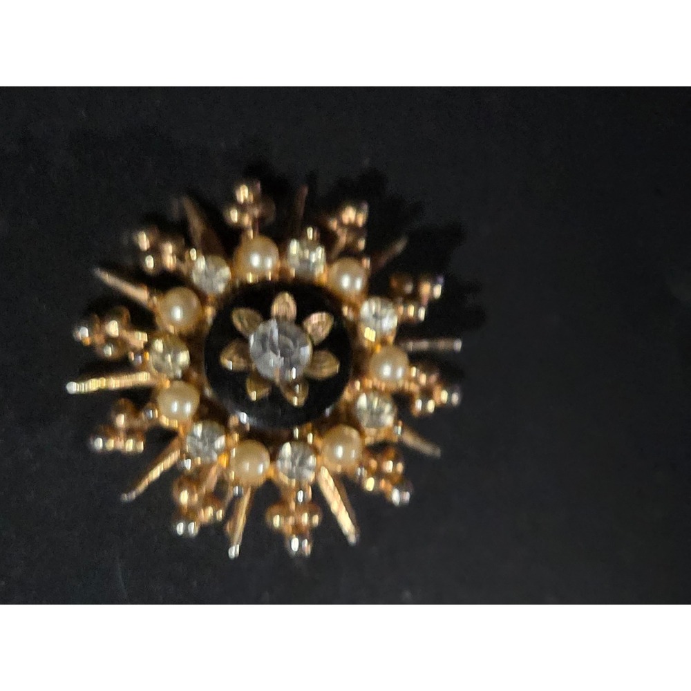 Unbranded Starburst Brooch OS Gold Black Faux Pearl Rhinestone Vintage MCM